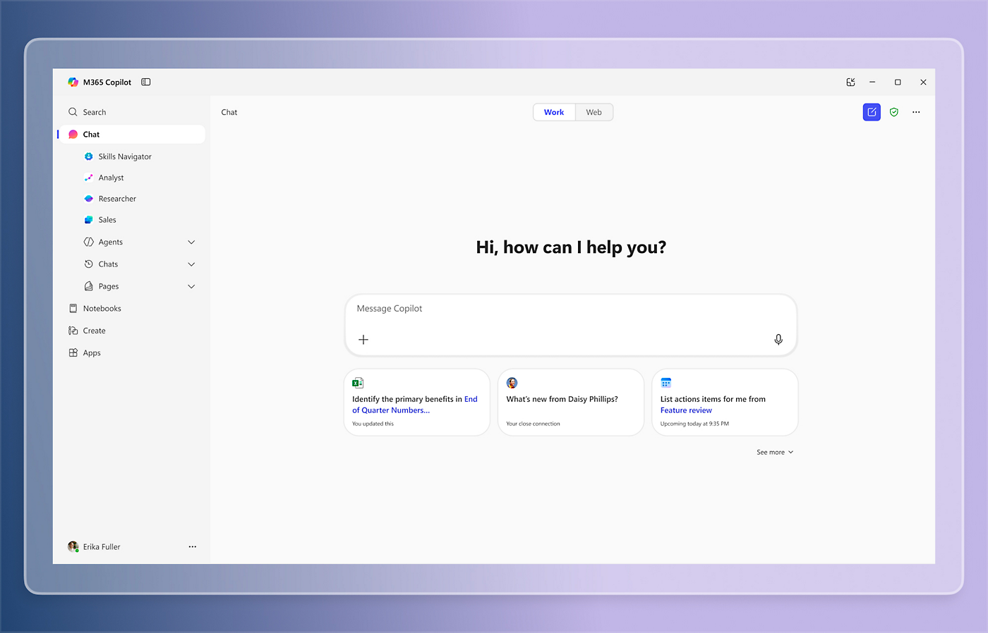 Interface oficial do Microsoft 365 Copilot com campo de conversa e sugestões de tarefas