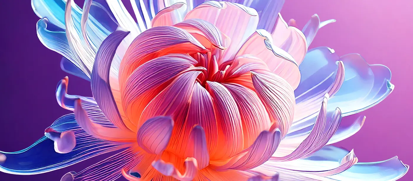 Arte oficial Adobe Creative Cloud com formas florais em coral, violeta e azul