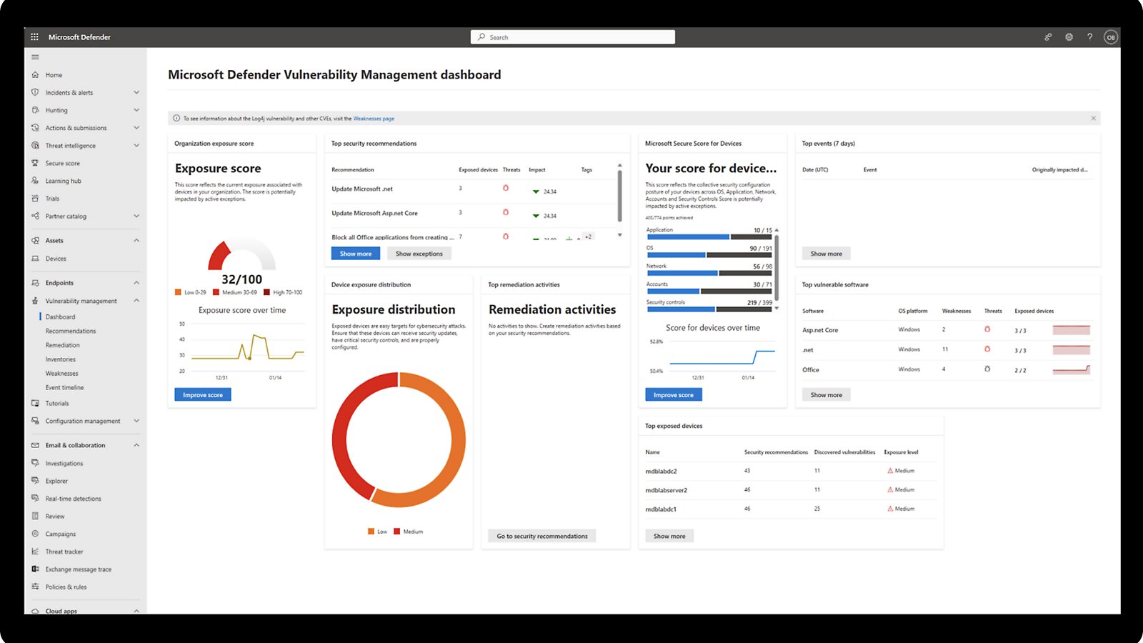 Console oficial Microsoft Defender com visão de vulnerabilidades e recomendações de segurança