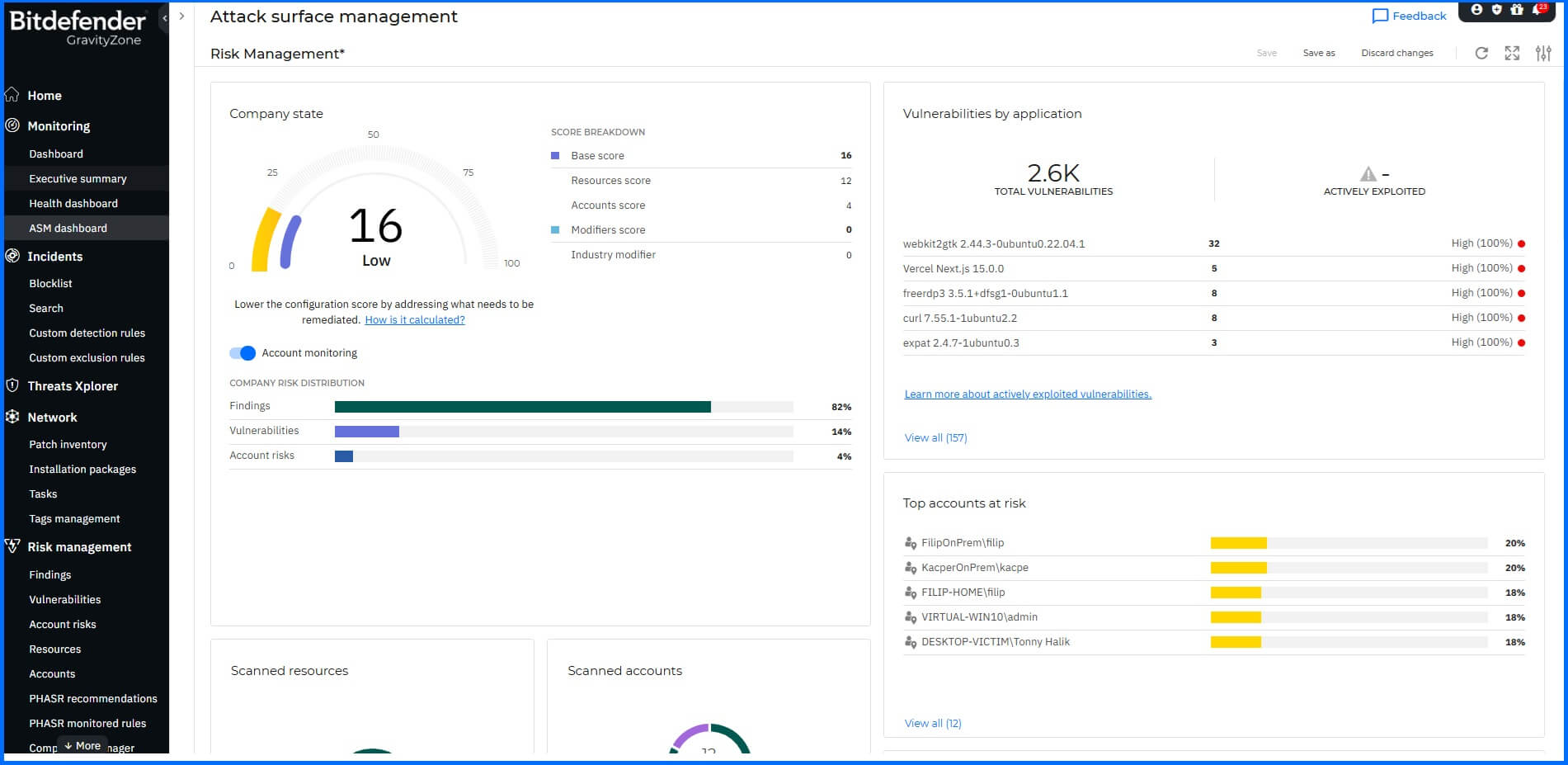 Console oficial Bitdefender GravityZone com análise de riscos e vulnerabilidades
