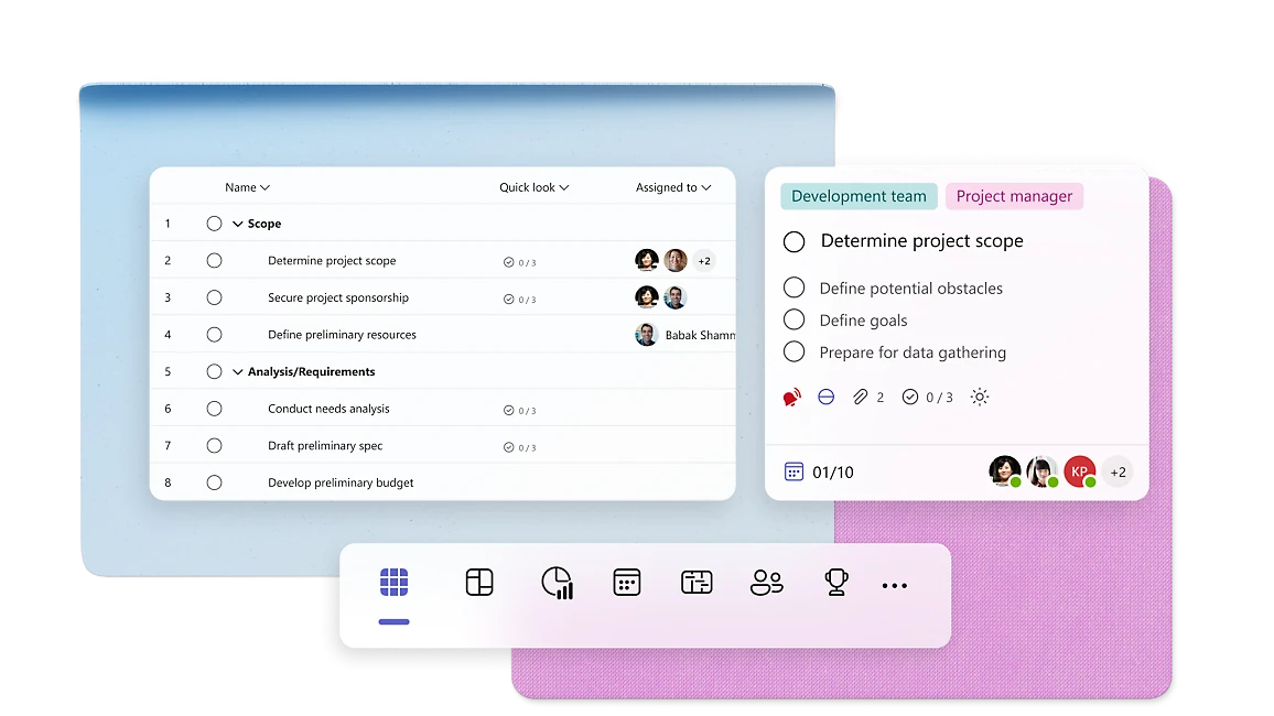 Composição oficial do Microsoft Planner com tabela de etapas, responsáveis e detalhe de uma tarefa